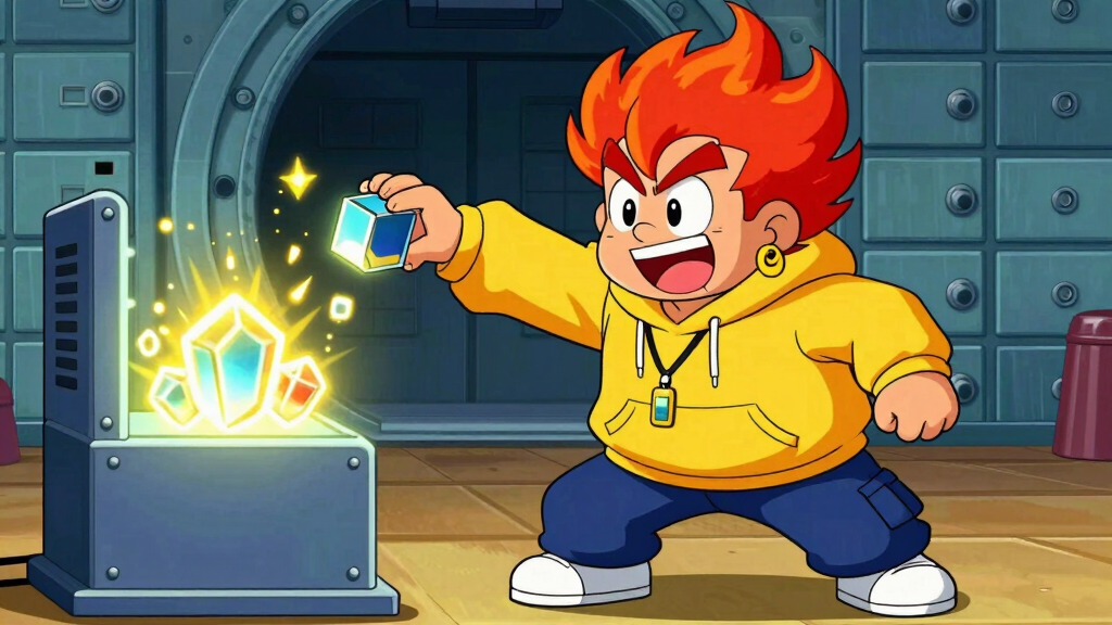 Pyro Pete feeding data cubes into hash machine outputting crystals