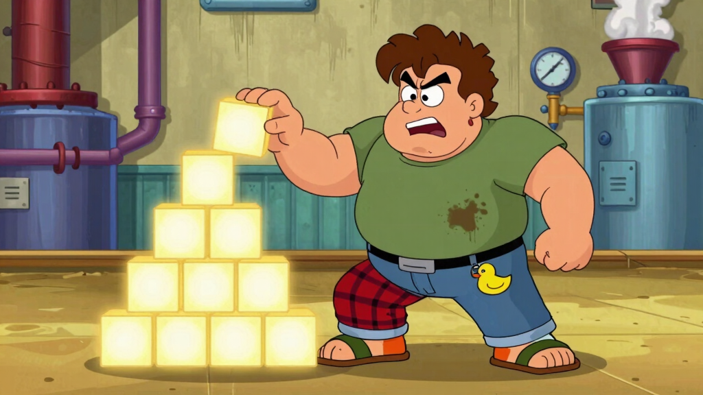 Loop Larry struggling to stack cubes into heap pyramid