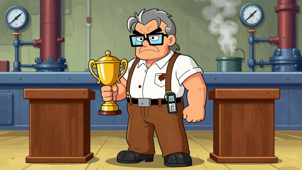 Stack Trace Steve grumpily holding trophy on podium