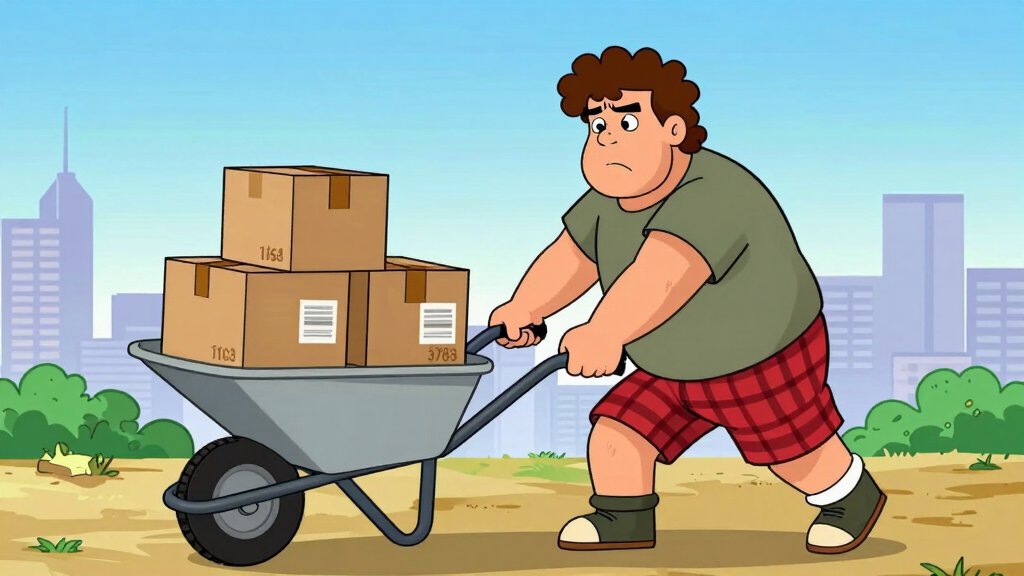 Loop Larry pushing wheelbarrow