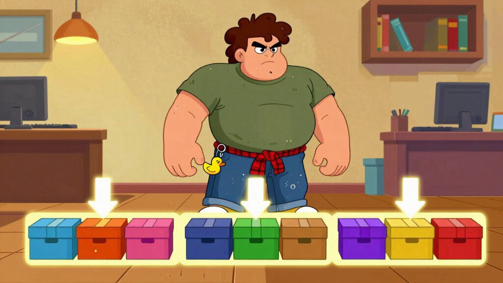 Loop Larry organizing colorful boxes into three neat rows