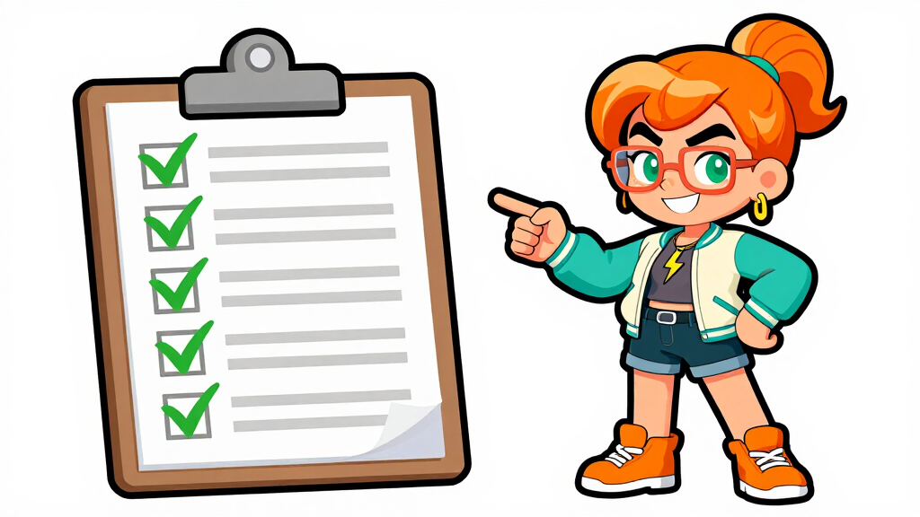 Cache Katie pointing at a clipboard of green checkmarks