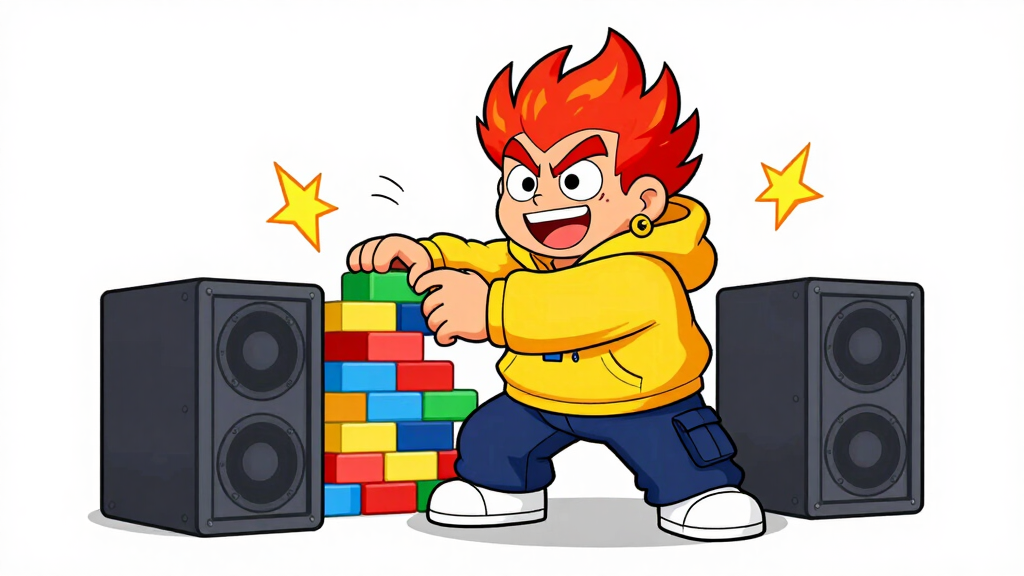 Pyro Pete building a colorful block wall between server towers