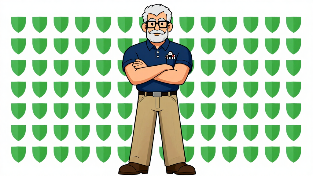 Sudo Sam standing confidently before a wall of green shields