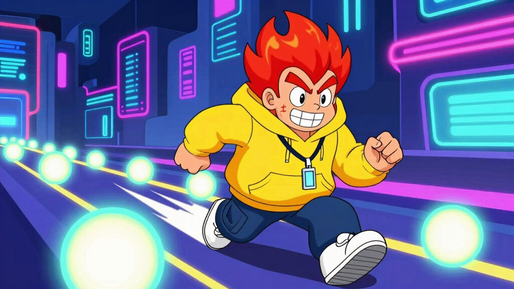 Pyro Pete sprinting along a glowing network path