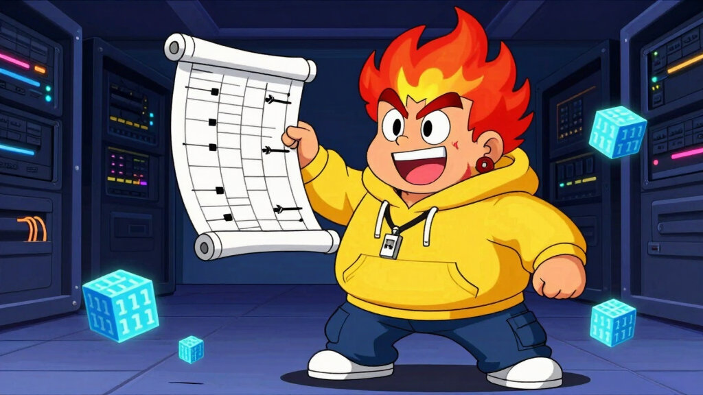 Pyro Pete holding binary data blueprint with byte cubes