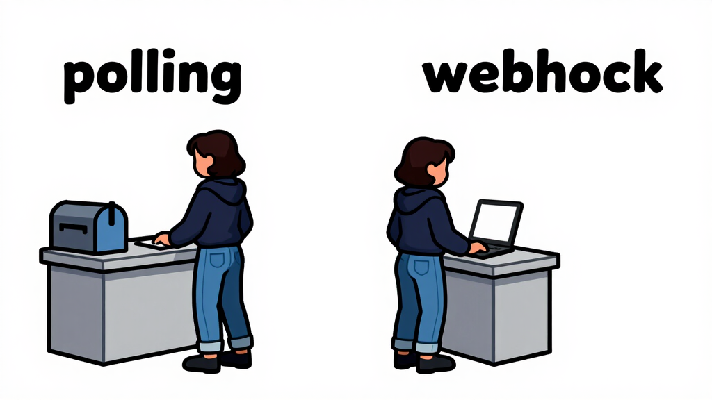 Polling pulls; webhooks push. Choose based on latency needs.