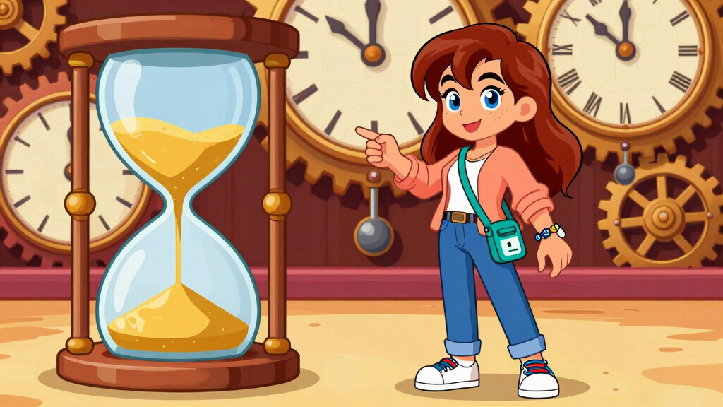 API Alice pointing at countdown hourglass with clock faces
