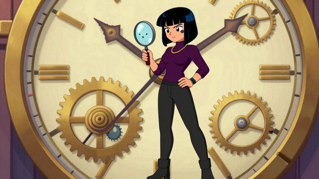 Debug Dee examining nanosecond tick marks on giant clockwork