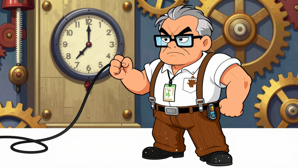 Stack Trace Steve scowling at broken clock with retry cables