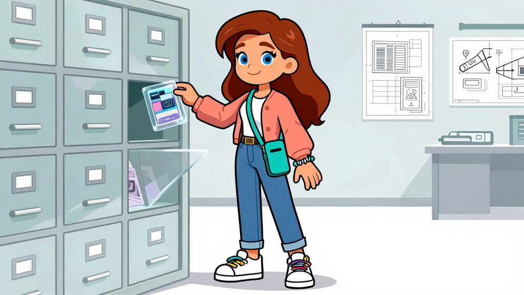 API Alice filing translucent cards into frosted glass cabinet