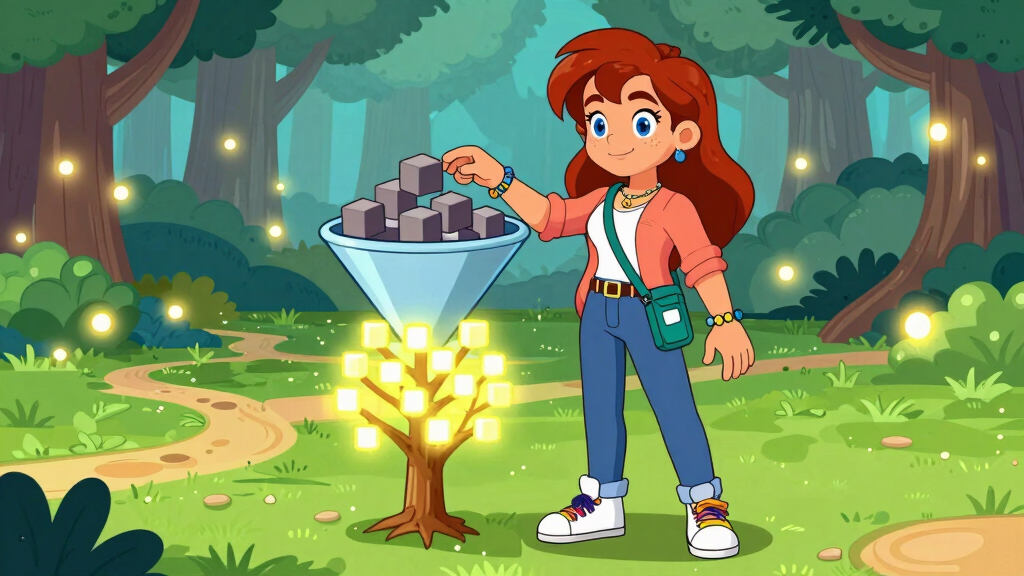 API Alice pouring data cubes into funnel producing organized tree