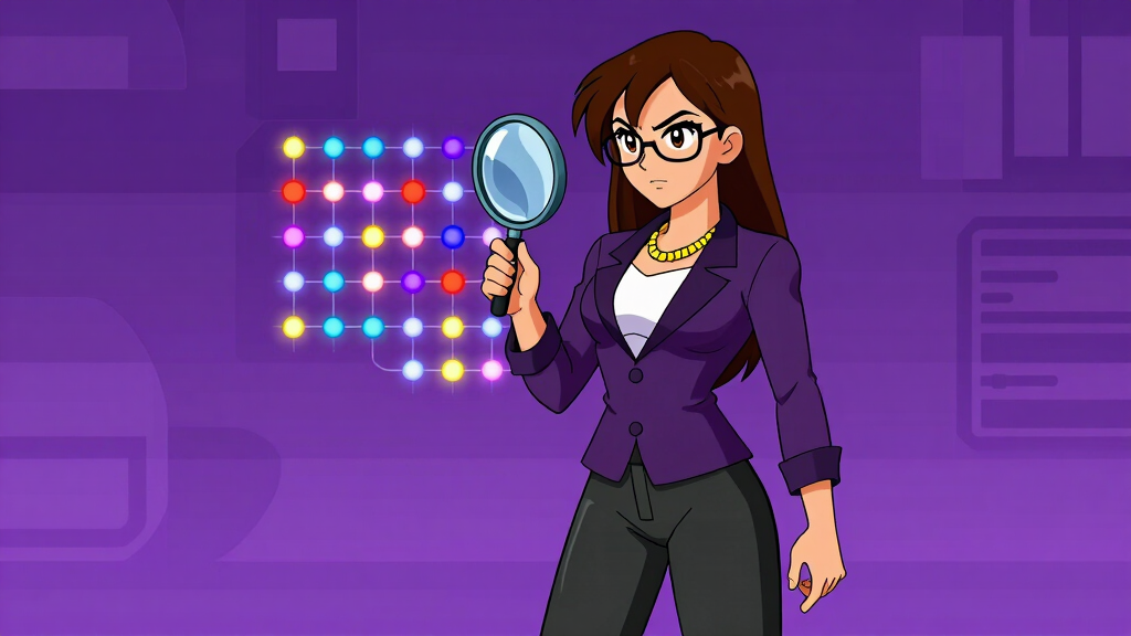 Debug Dee examining colored dot clusters with magnifying glass