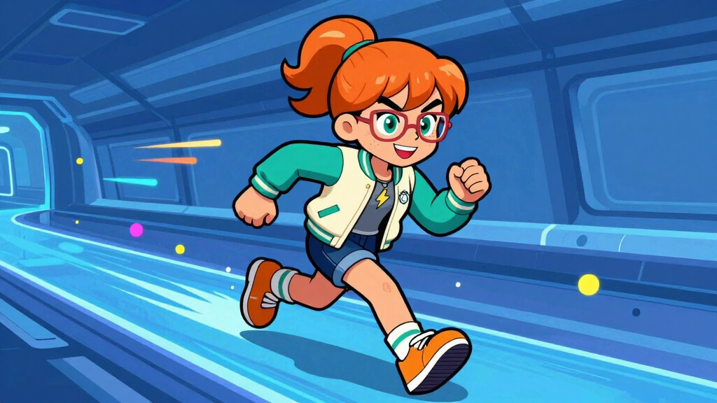 Cache Katie running along glowing vector data highway