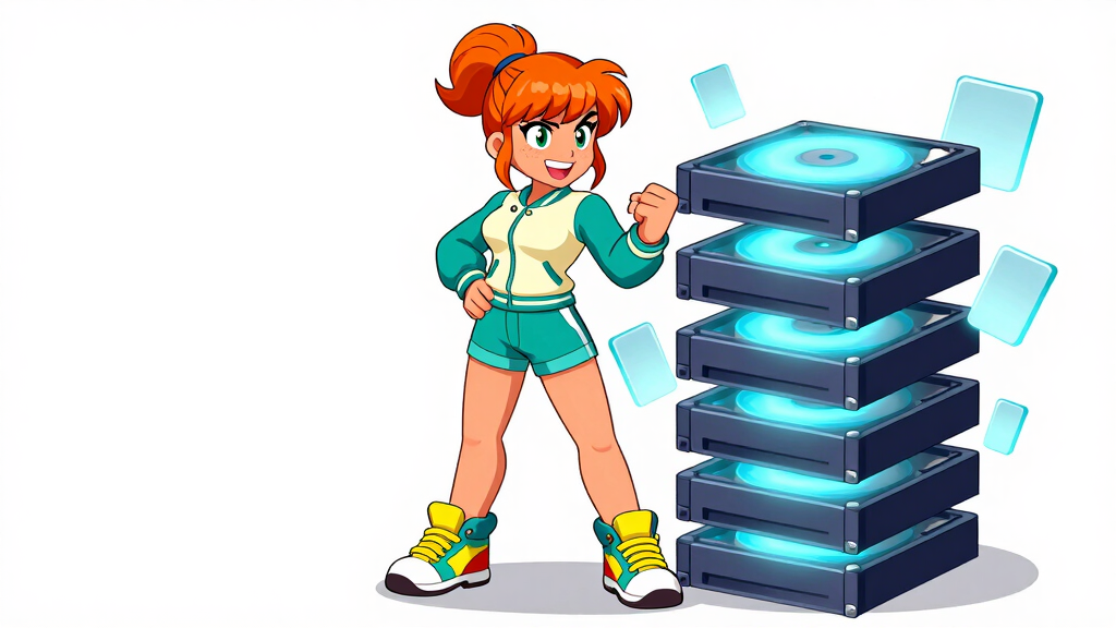 Cache Katie next to a glowing disk-based cache stack