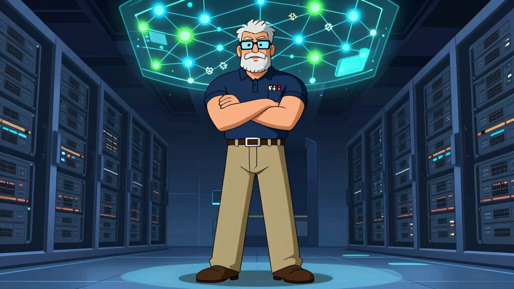 Sudo Sam commanding server room with network topology