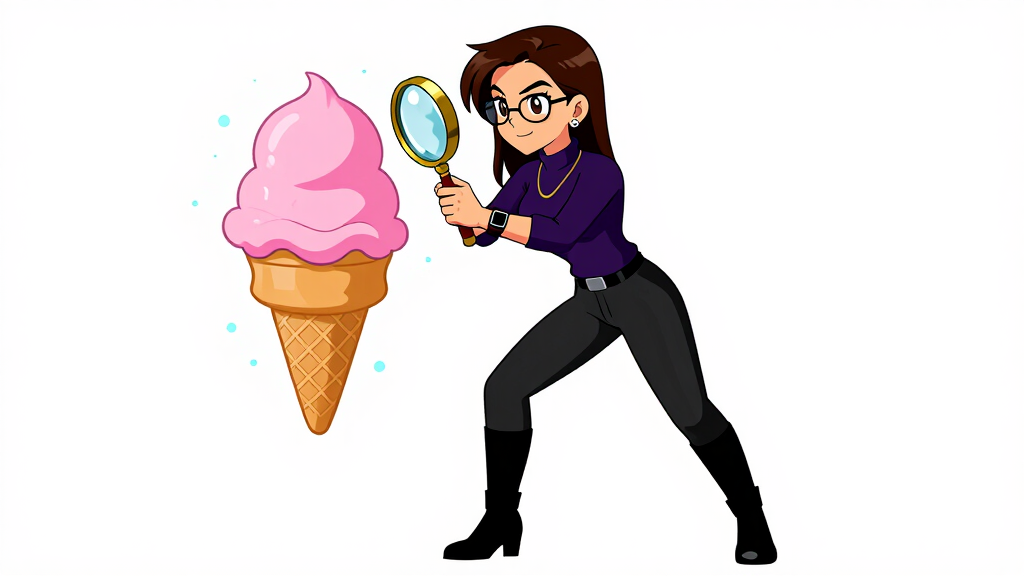 Debug Dee inspecting an ice cream cone with a magnifying glass