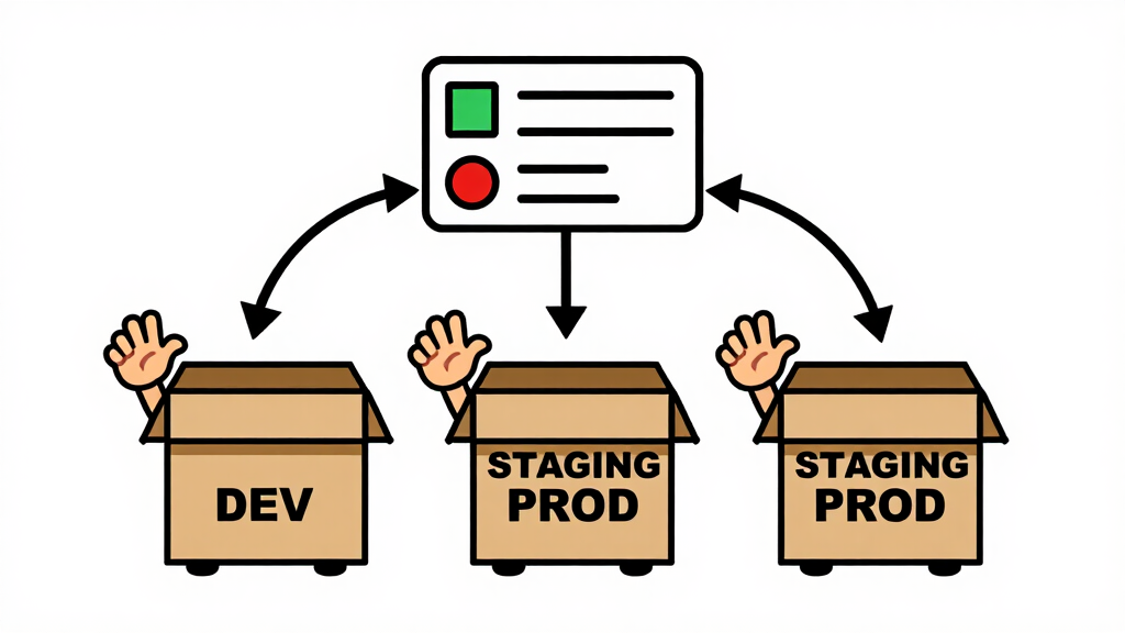 One settings object, three environments, zero if-else chains.