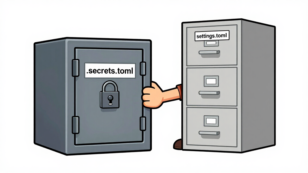 One file gets committed. The other does not. Dynaconf reads both.