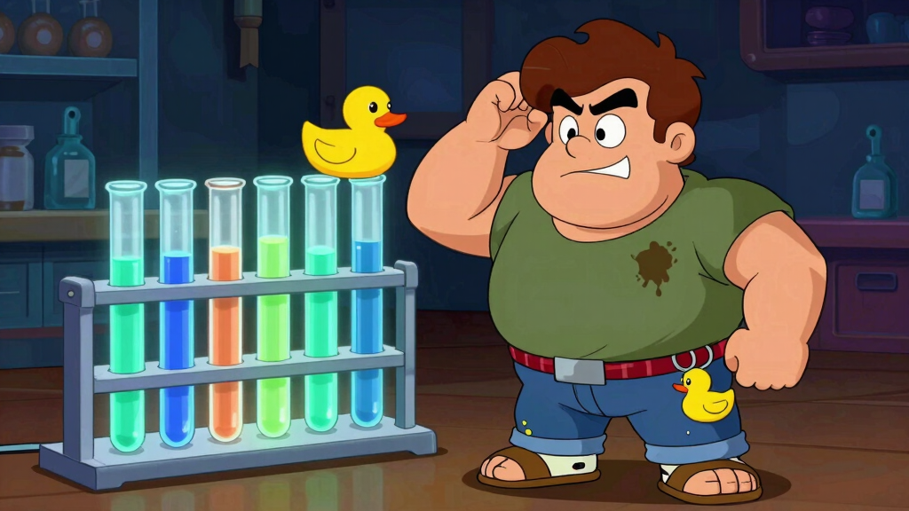 Loop Larry bewildered by colorful Python environment test tubes