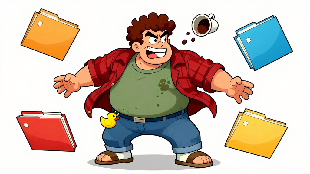 Loop Larry surrounded by flying file folders