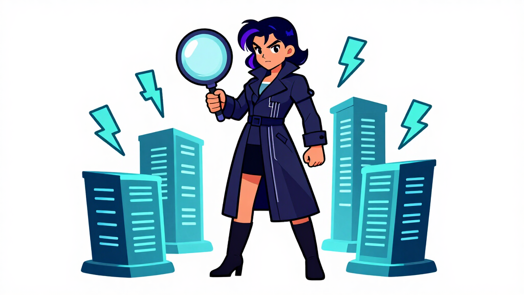Debug Dee using magnifying glass over glowing data columns