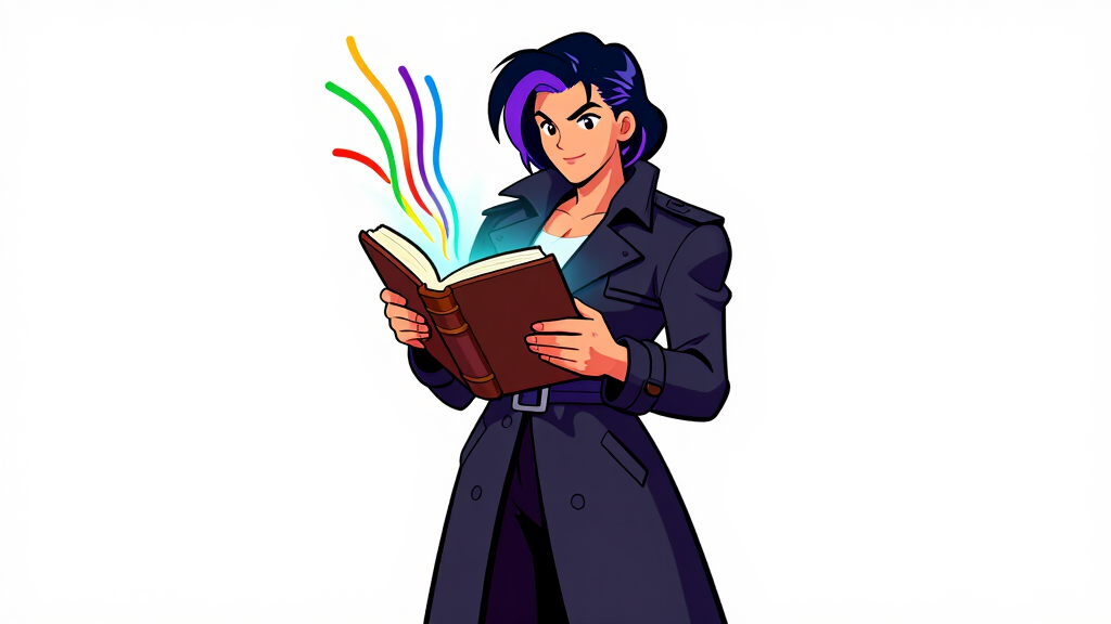 Debug Dee holding giant Loguru log book with streaming lines