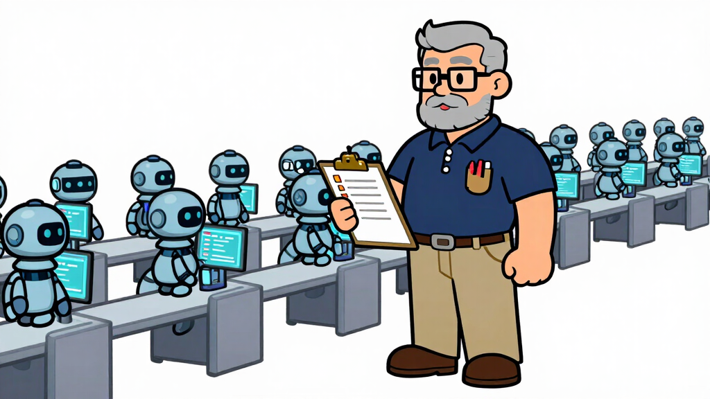 Sudo Sam handing a checklist clipboard to robots waiting at terminal prompts