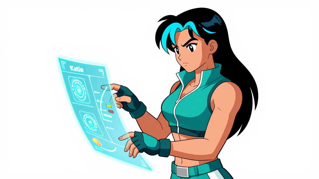 Cache Katie adjusting dials on holographic control panel with field annotations