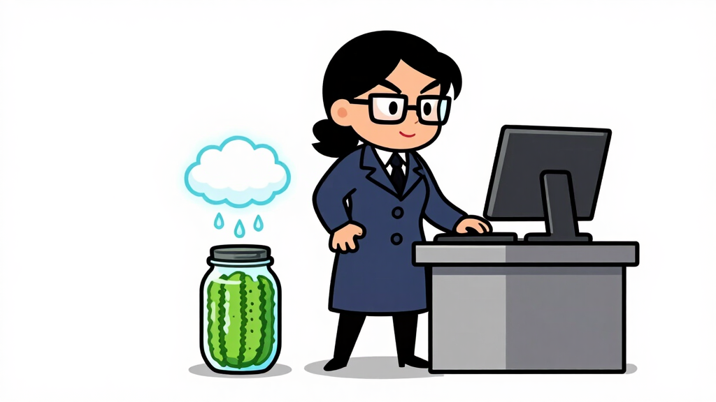 Debug Dee watching binary rain fall into a pickle jar from a cloud