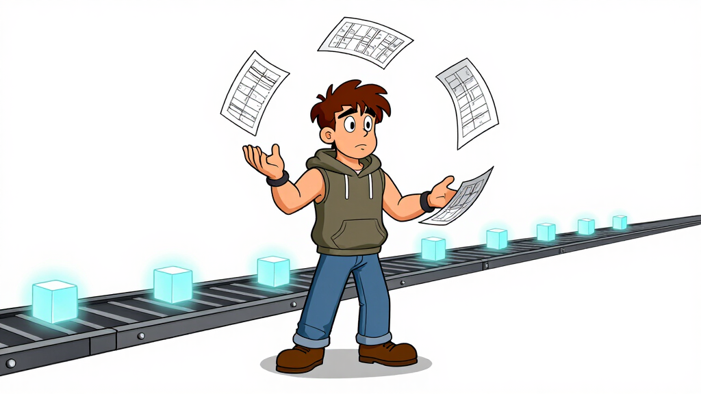 Loop Larry juggling glowing blueprint sheets with a conveyor belt behind him