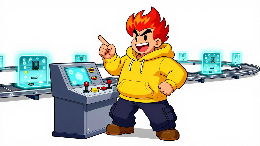 Pyro Pete at a control panel with glowing conveyor belt lanes