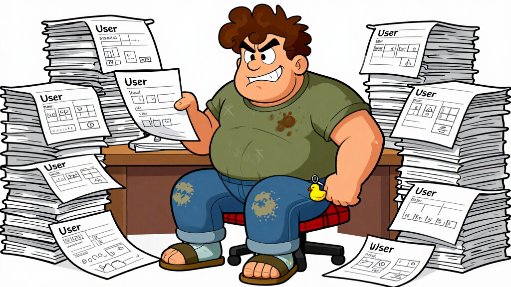 Loop Larry surrounded by stacks of handwritten User object blueprints