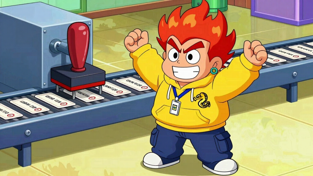 Pyro Pete standing in front of a conveyor belt stamping out user cards