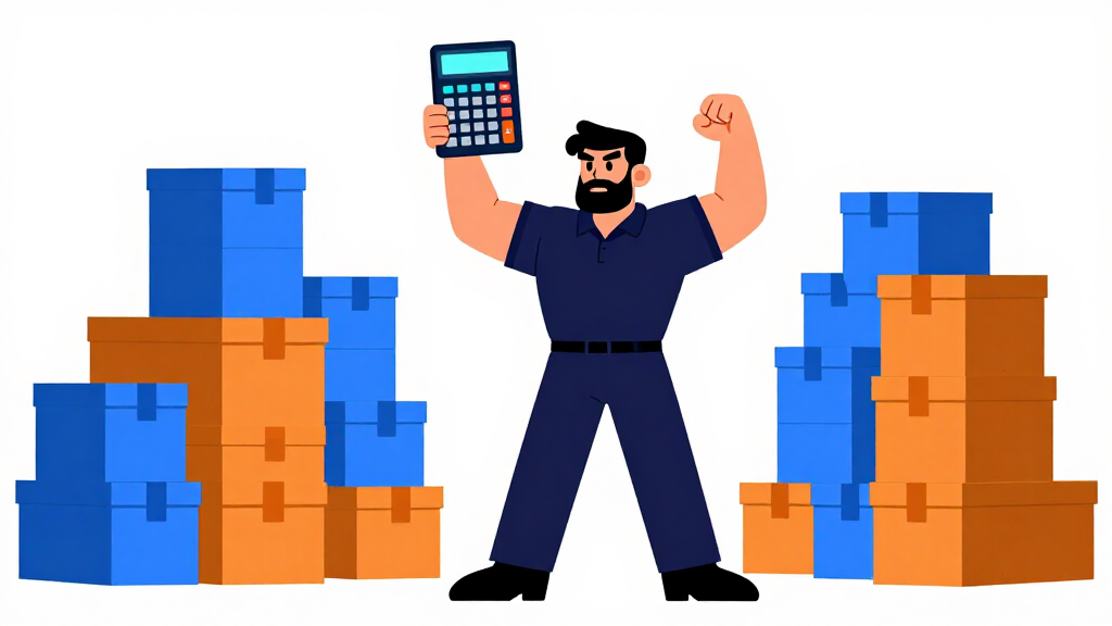 Developer holding a calculator above two separate stacks of colored boxes representing grouped data