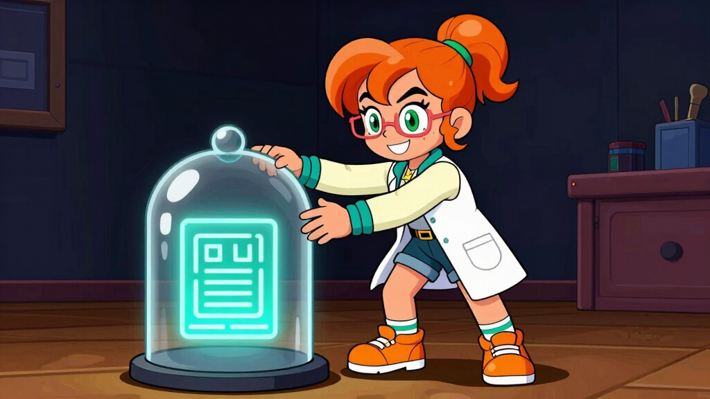 Cache Katie placing a glass dome over a single glowing code block in the dark