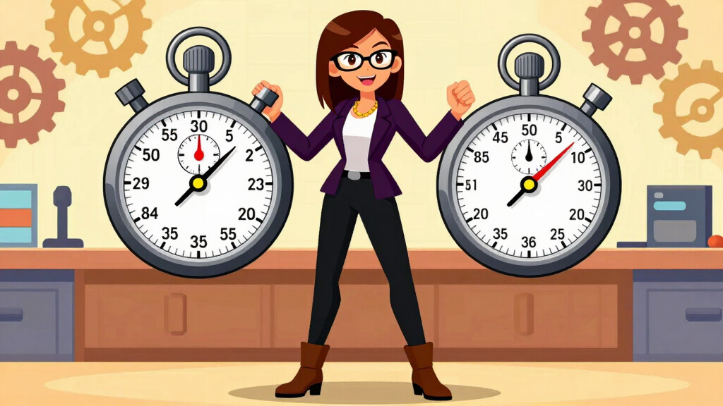Debug Dee holding two stopwatches showing before and after profiling times