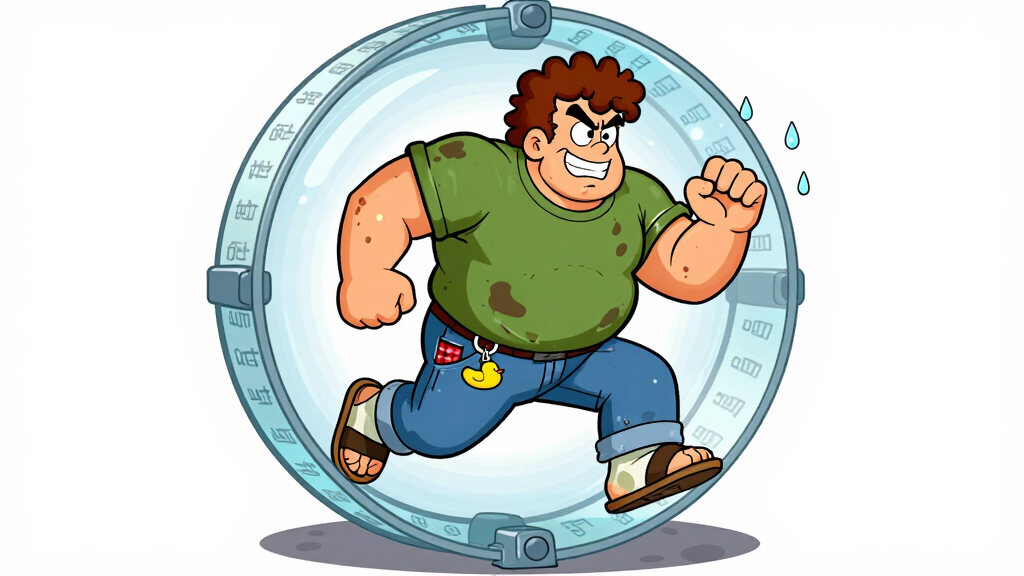 Loop Larry running exhausted in a hamster wheel made of string characters