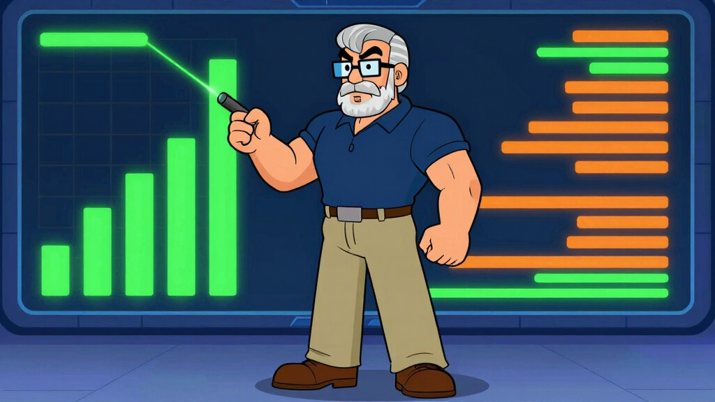 Sudo Sam pointing at glowing profiler bar charts on a futuristic dashboard