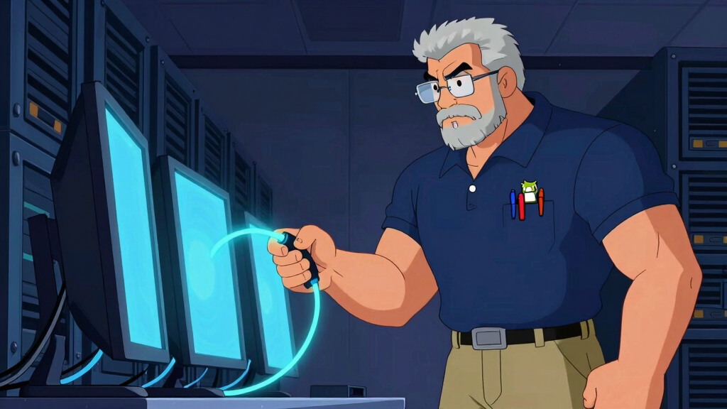 Sudo Sam connecting two monitors with glowing fiber optic cables in a dark server room