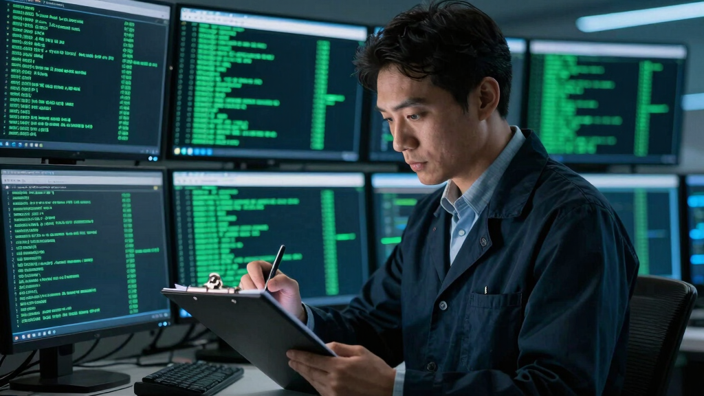 Developer with clipboard logging retry attempts while error messages flash on screen