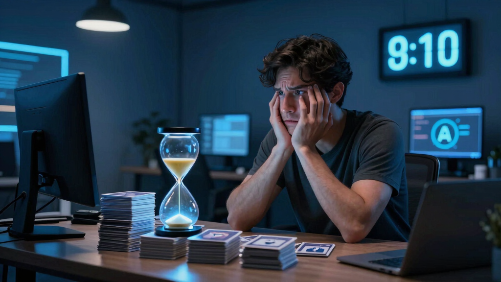 Developer watching hourglass drain with failed API requests stacking up