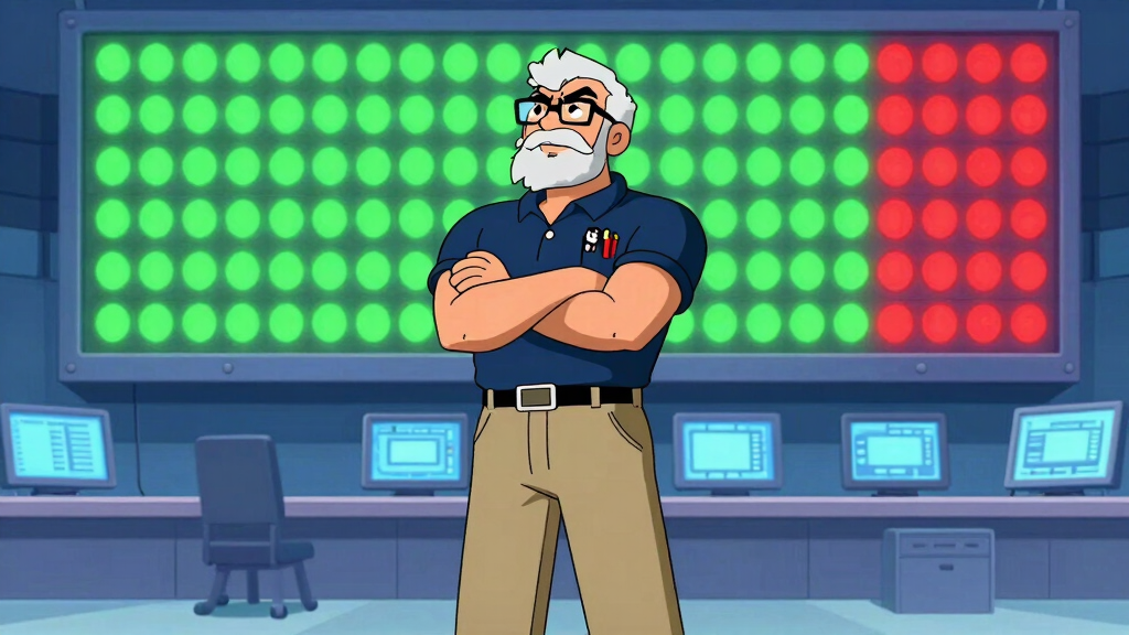 Developer gazing at a giant test results scoreboard of green and red lights