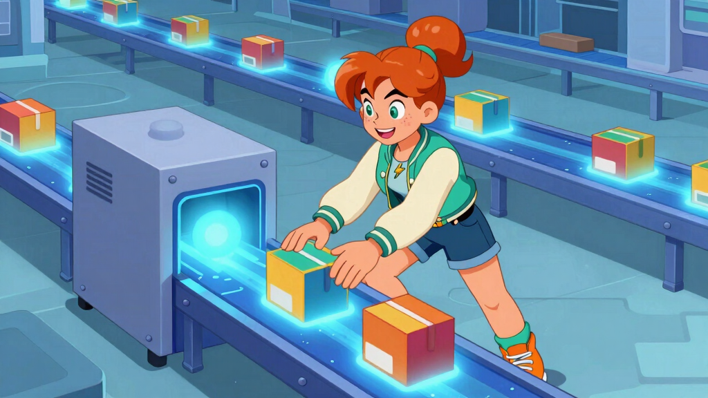 Developer organising glowing boxes on a conveyor belt, one box enters a machine and a fresh one pops out