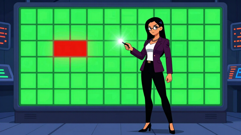 Developer pointing at a grid where all cells glow green except one highlighted red cell