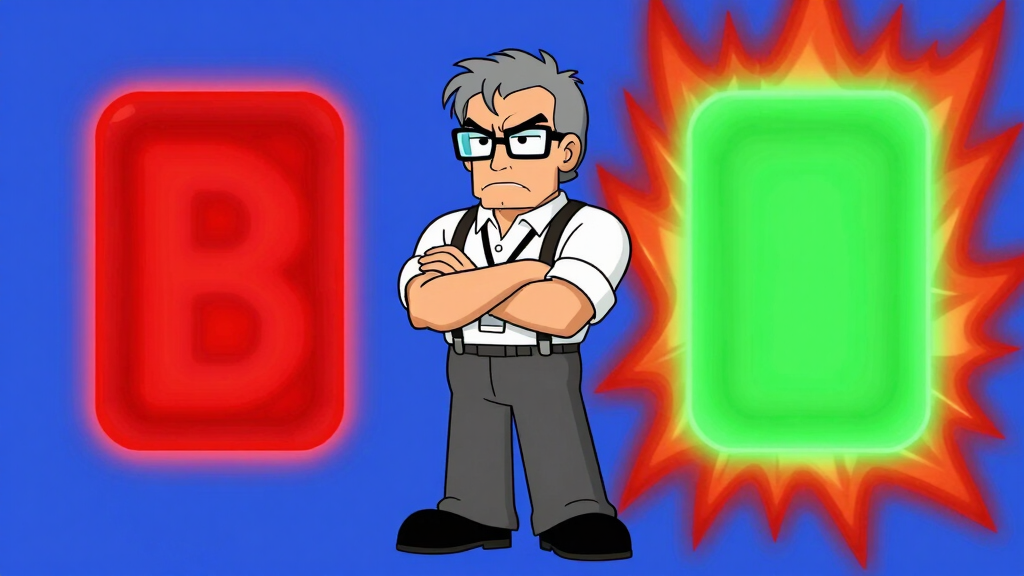 Developer standing between two glowing rectangles, one red and one green, arms crossed with contempt
