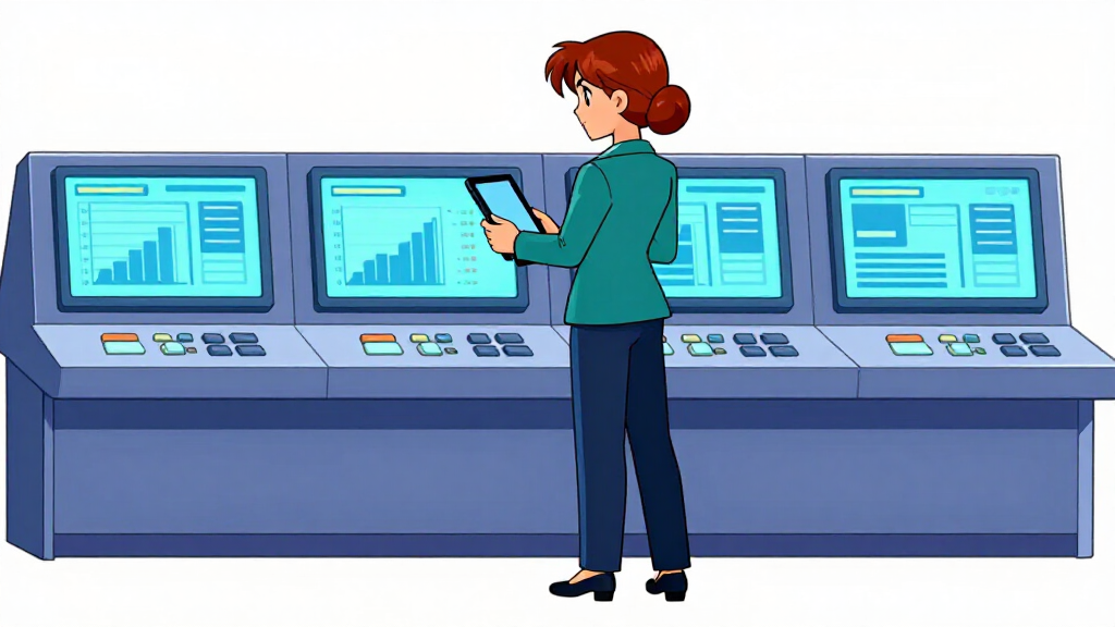 Cache Katie at a control panel with aggregation results on screens