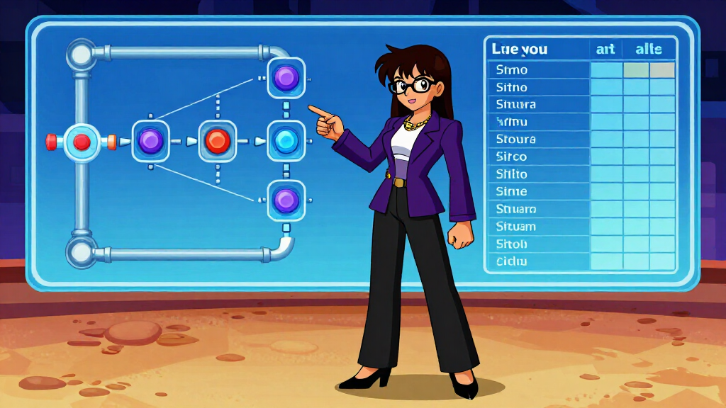 Debug Dee pointing at a holographic distributed pipeline diagram