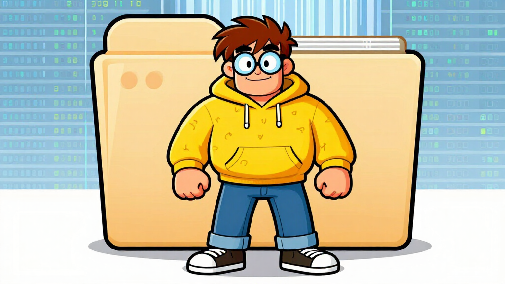 Loop Larry standing inside a giant file folder icon with data streaming past
