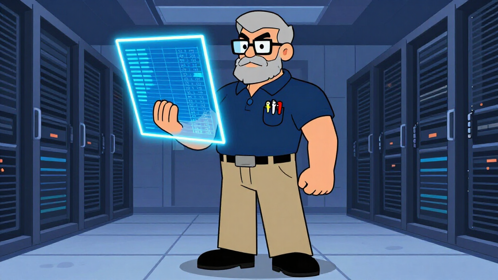 Sudo Sam in a server room holding a glowing DataFrame blueprint